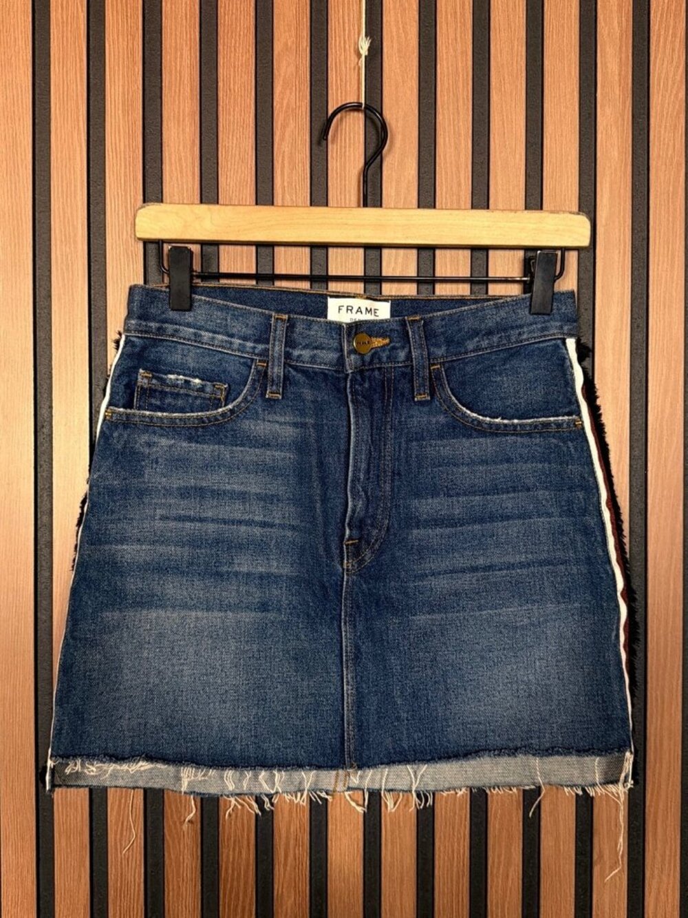 Frame Jean Skirt 25 Womens Blue Pencil Frayed Short Multi Tape Trim
